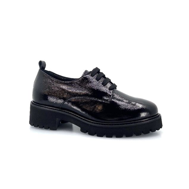 Carim LNF4187MN – Mocassino Donna con Lacci in Pelle Lucida Nera, Plantare Estraibile, Comfort