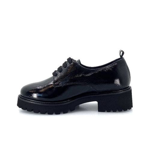 Carim LNF4187MN – Mocassino Donna con Lacci in Pelle Lucida Nera, Plantare Estraibile, Comfort