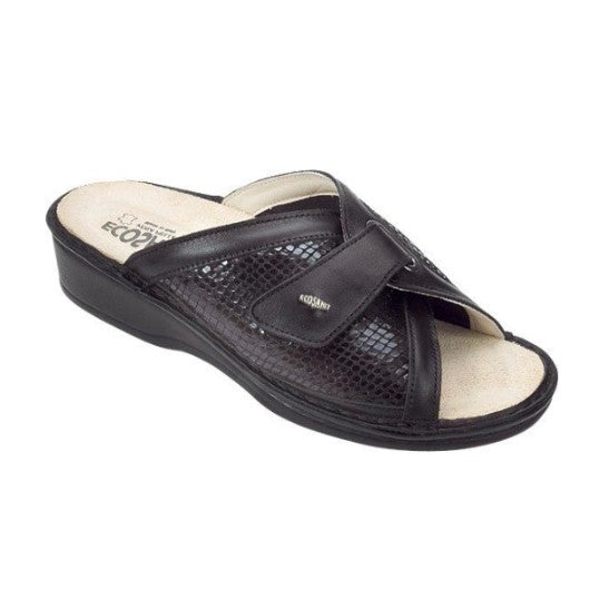 Ecosanit Tea Nappa Reptilia Nero – Scarpa Donna Ortopedica, Calzata 12, Plantare Memory Foam, Cucita a Mano, Dispositivo Medico Detraibile