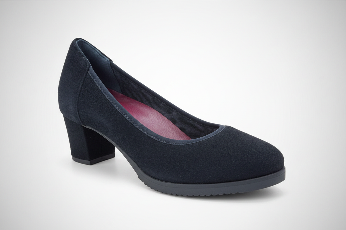Decolleté camoscio blu navy - vista frontale 3/4 su sfondo neutro