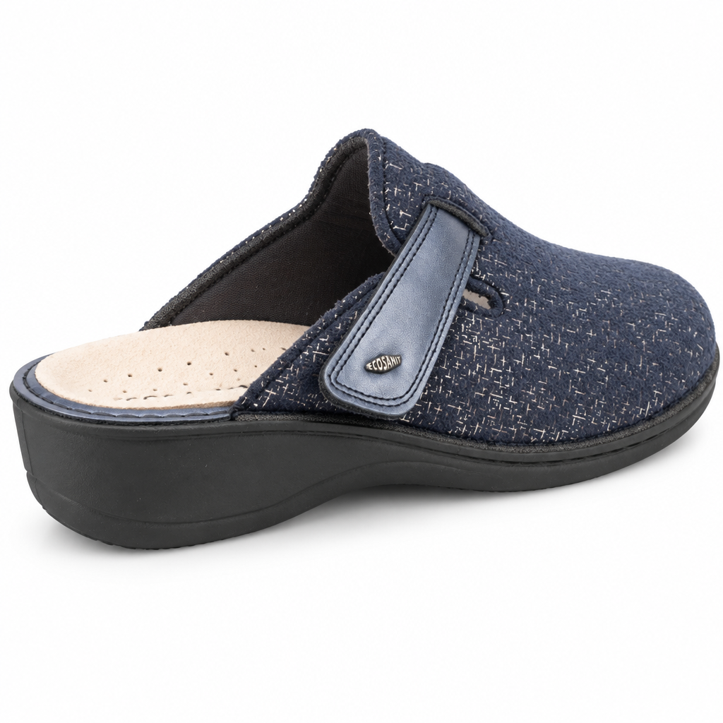 Ciabatta Ecosanit Marvin Velcro blu da donna, vista posteriore tre quarti